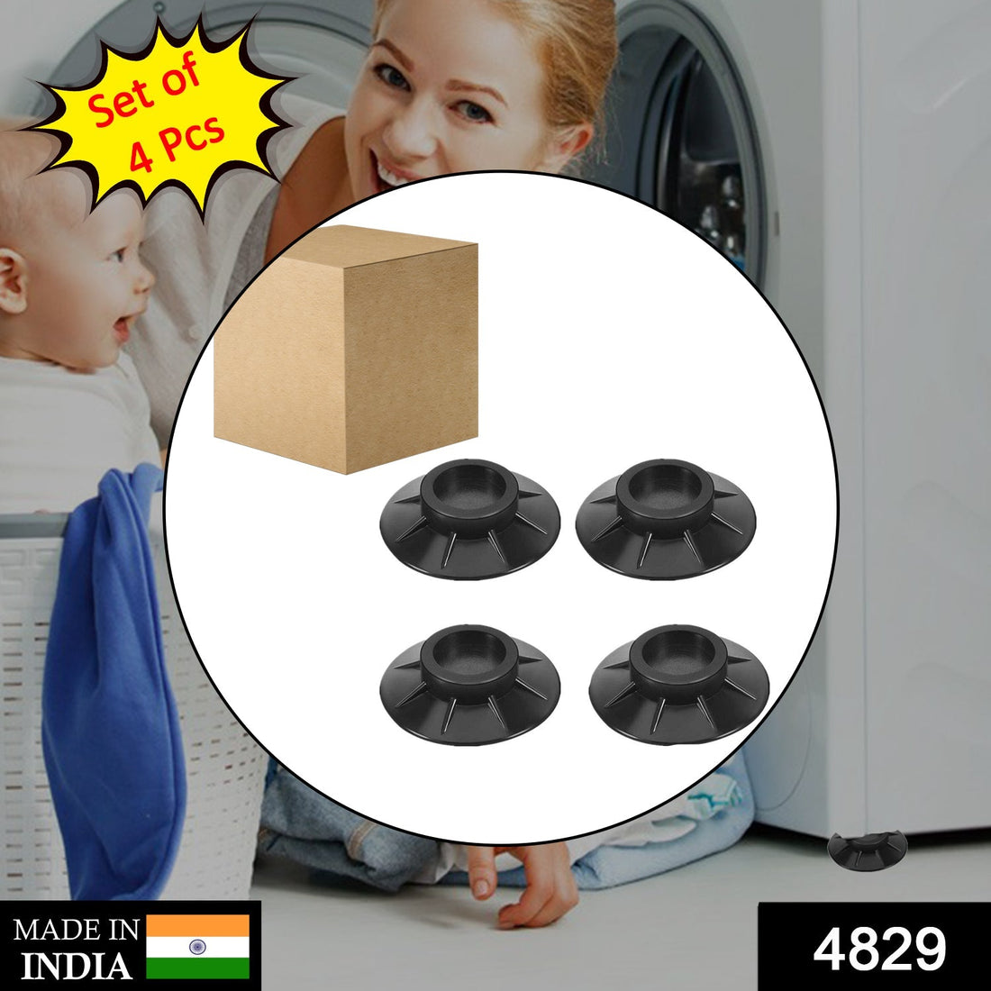 4 Pc Furniture Vibration Pad in black color showing anti-slip and shock absorption features