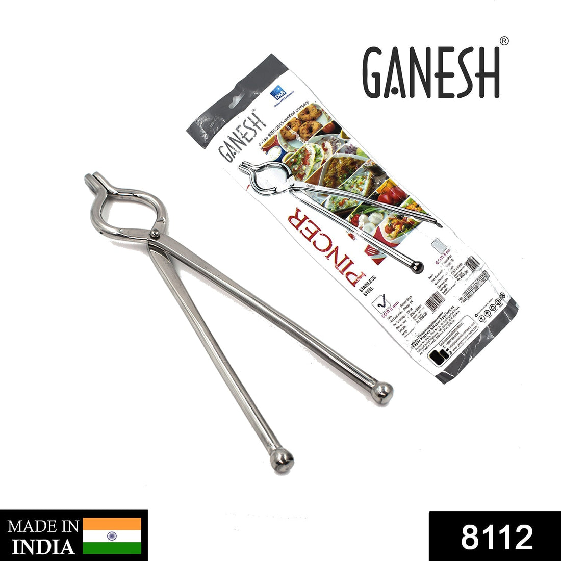 Ganesh premium stainless steel tongs, 8mm, various views.