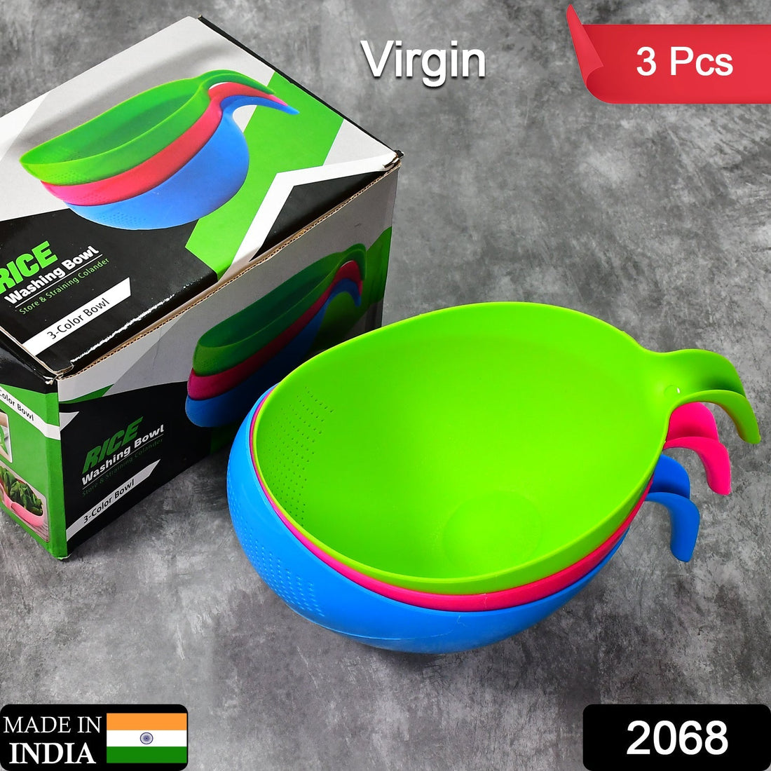 Plastic rice bowl and food strainer set, with handle, set of 3