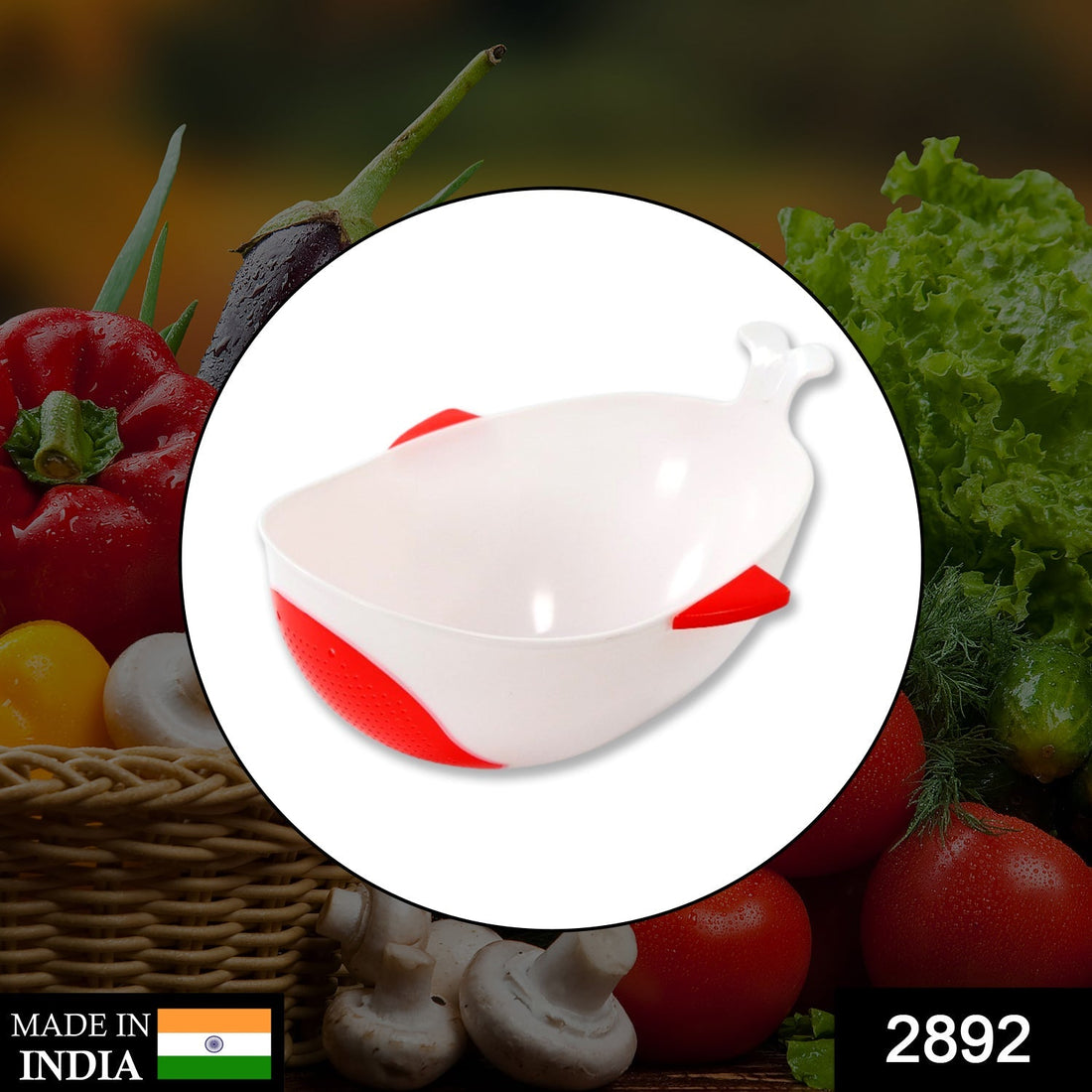Plastic bowl with strainer for washing rice, pulses, and vegetables