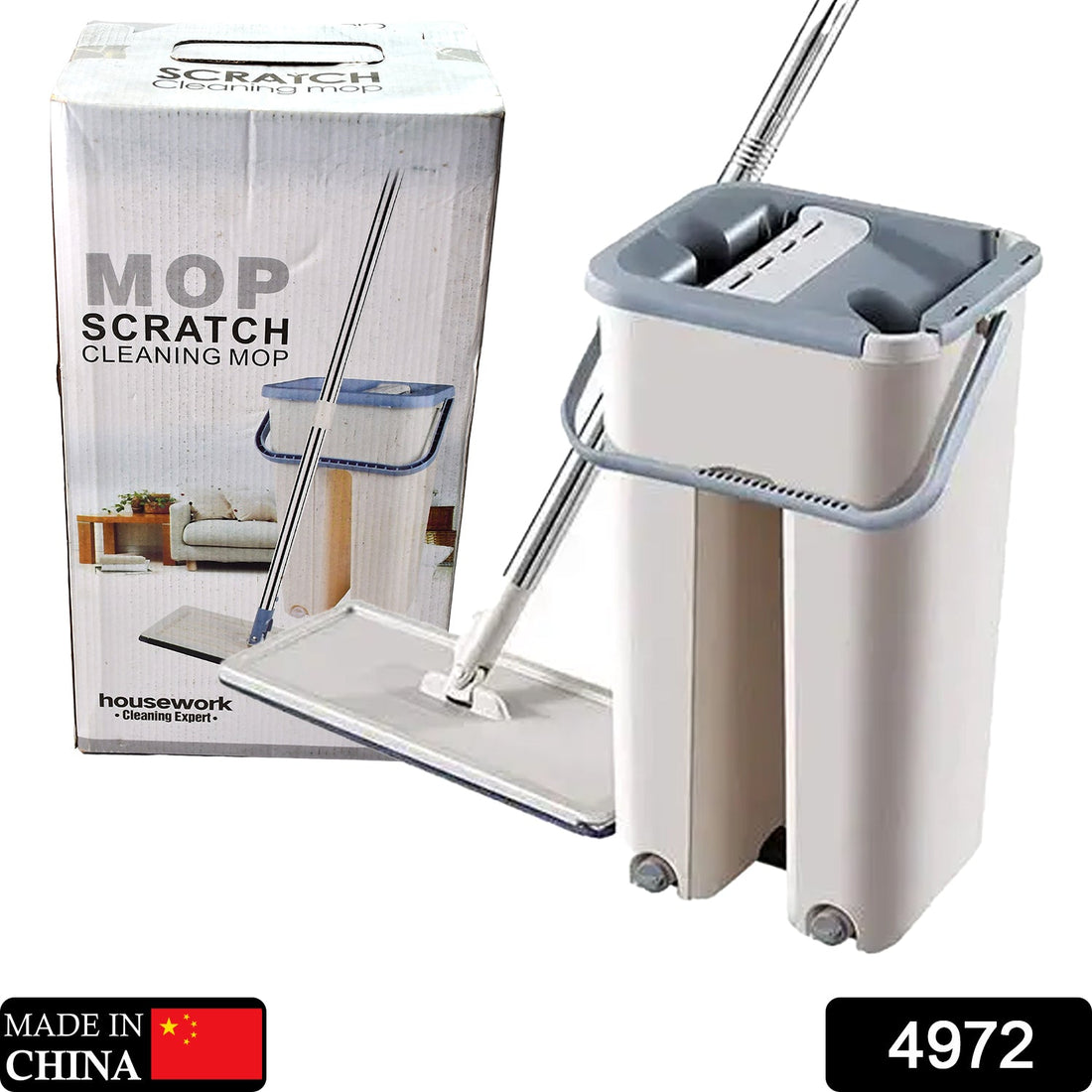 Scratch cleaning mop with self-cleaning and drying features, hands-free flat mop