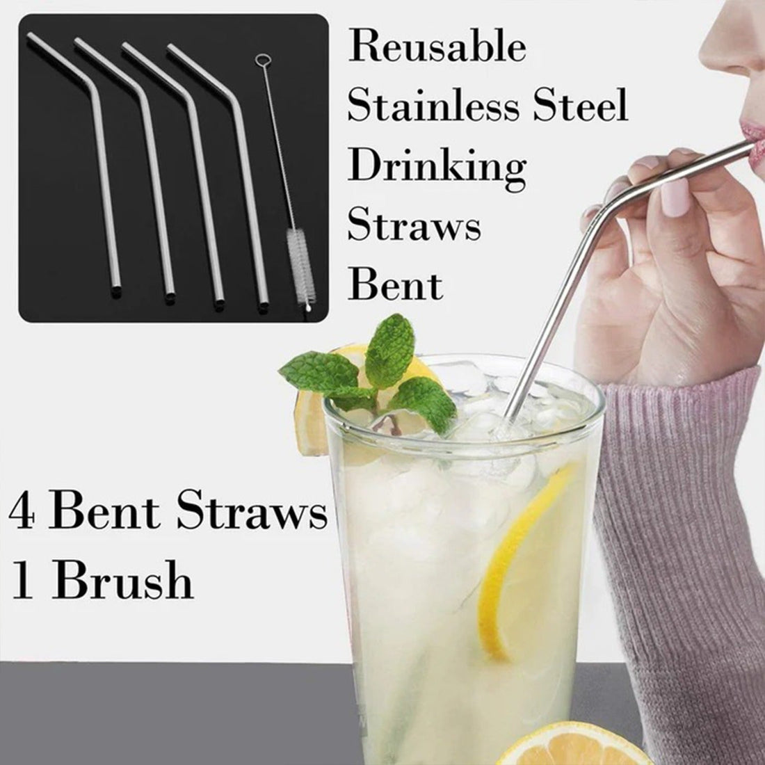 Reusable Stainless Steel Drinking Straws Bent (4 Bent Straws, 1 Brush) - Shopmania Wholesale