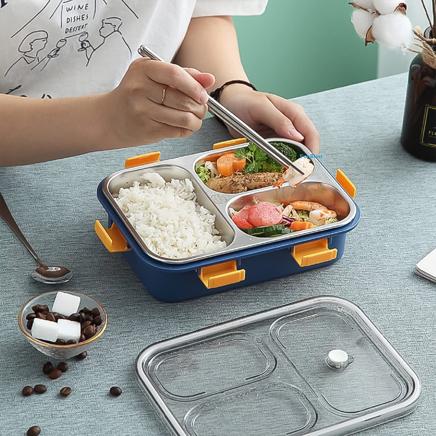 3 Compartment Transparent Stainless Steel Lunch Box with a Spoon and a Pair of Chopsticks (1 Set) - Shopmania Wholesale