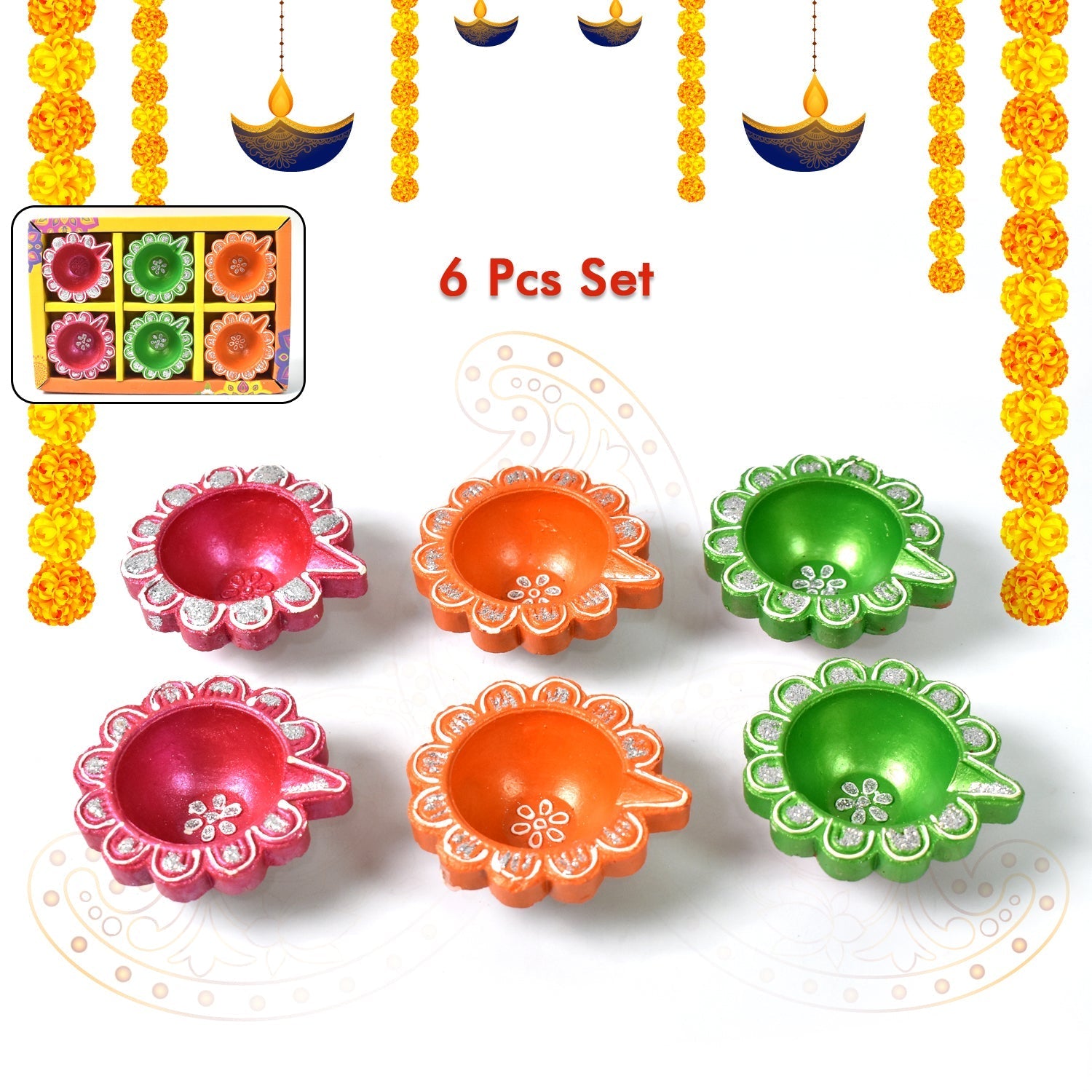 Decorative Hand Painted Clay Puja Diya for Diwali Home Indoor Outdoor Handmade Diya (6 Pcs Set/ Mix Design) your brand