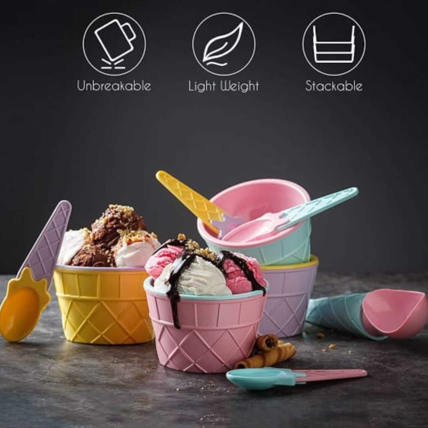 Ice-Cream Waffle Spoon Bowel Cup Set | Premium ice Cream Set | Ice-Cream Bowel with Spoon | 6 units Couple Bowl Set | Color Box your brand