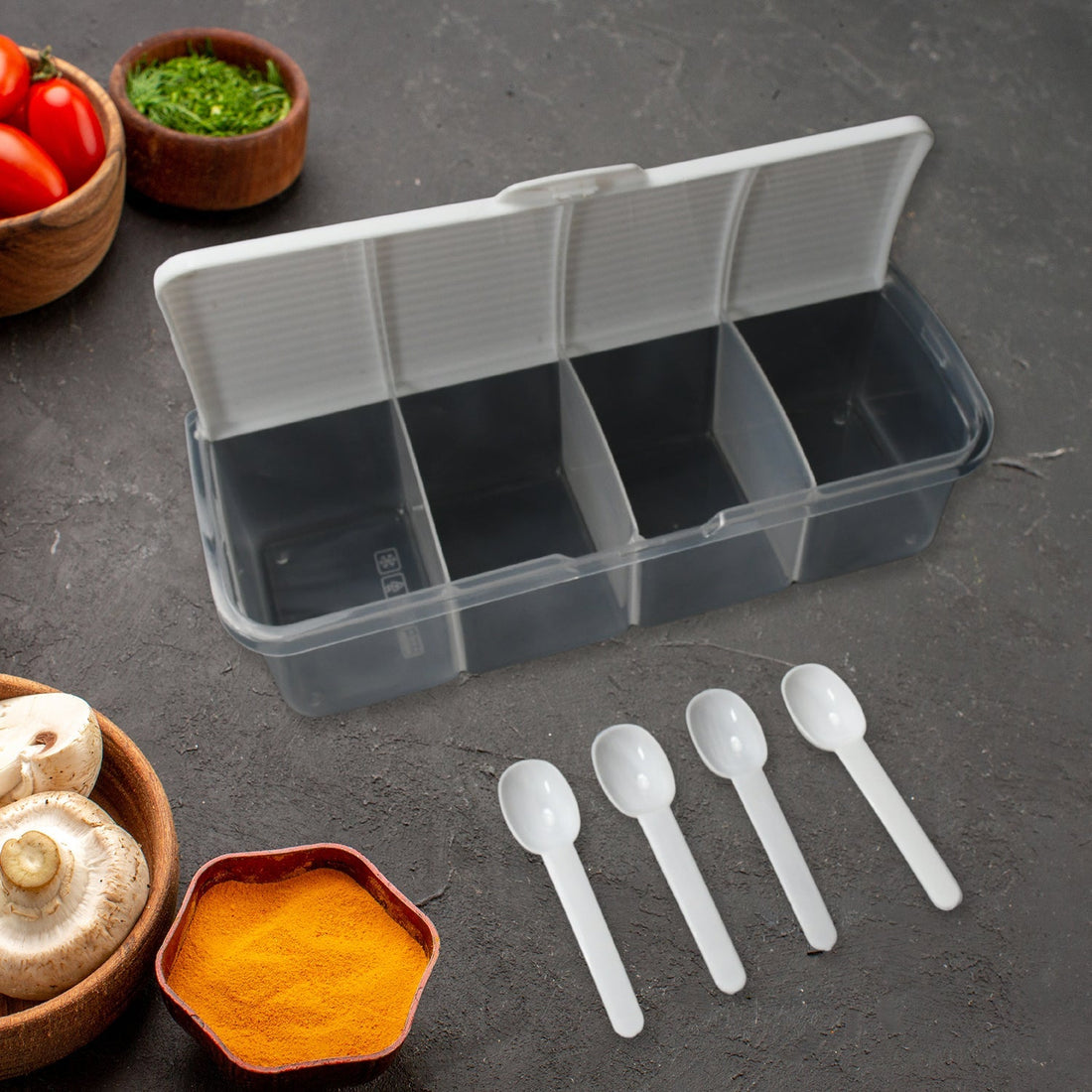 Kitchen Multipurpose Air-tight 4 Sections Storage Containers / Masala Box Pickle (Achar) Jar with 4 spoon for each section (1 Pc / Mix Color) your brand