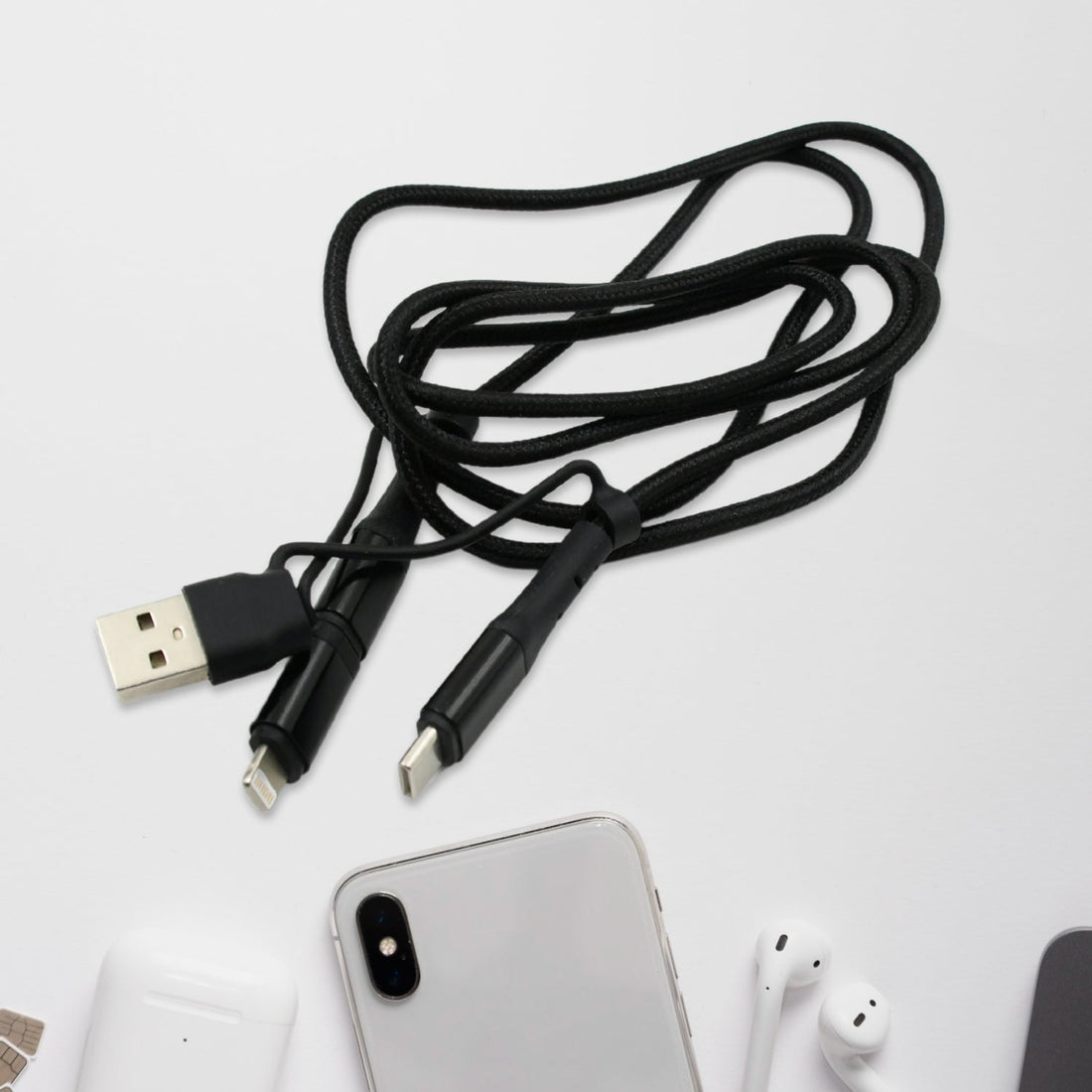 3 IN 1 Fast Charging Cable with Type C & iPhone Support, Compatible with all devices, Data Transmission, Unbreakable Braided, Tangle Free your brand