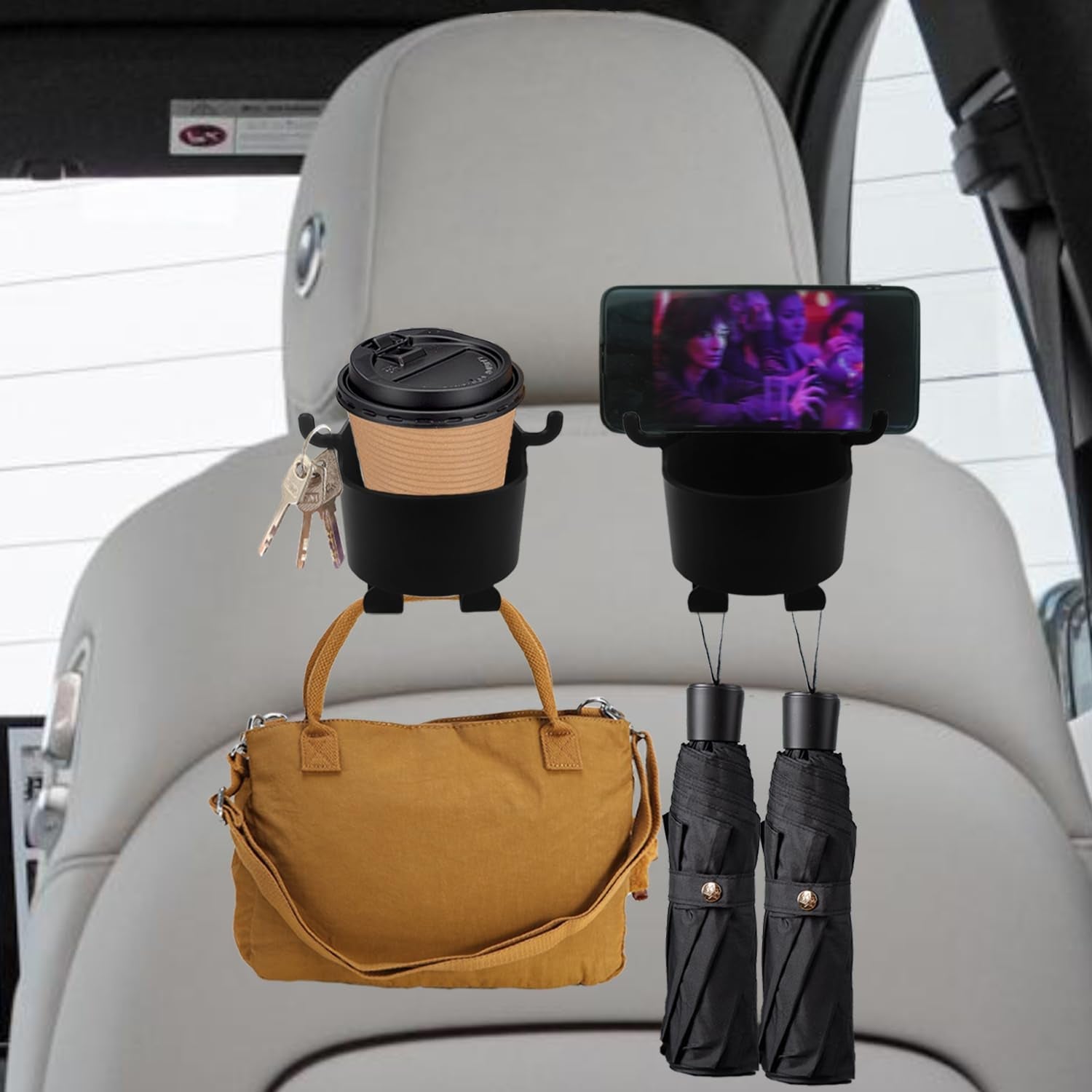 Car Headrest Backseat Organizer, 3 in 1 Automotive Cell Phone Drink cupholder Adapter with Headrest Hooks for Kids and Adults, Multifunctional Storage for Car Travel Accessories - Shopmania Wholesale