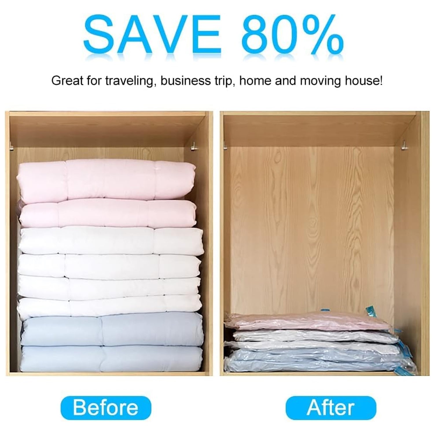 Vacuum Storage Bags with Suction Pump & Shirt clips - Vacuum Bags - Big Capacity Vacuum Seal Bags for Travel Clothes Blankets Pillows, Compression Bags | Space Saver Vacuum Storage Bags (5 Pcs Set) - Shopmania Wholesale