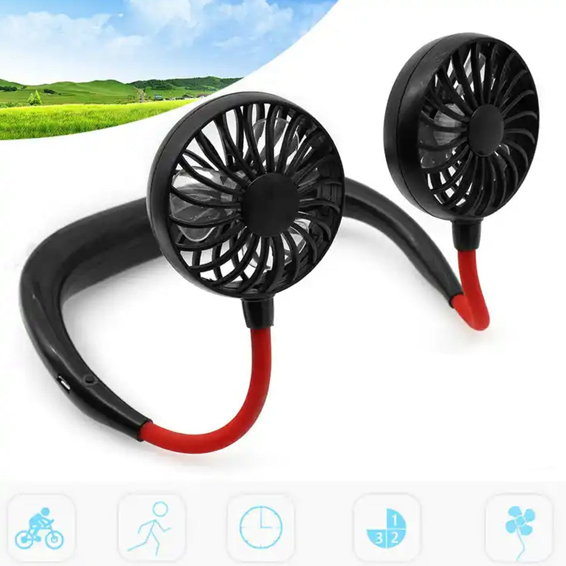 Portable USB rechargeable fan with headphone design