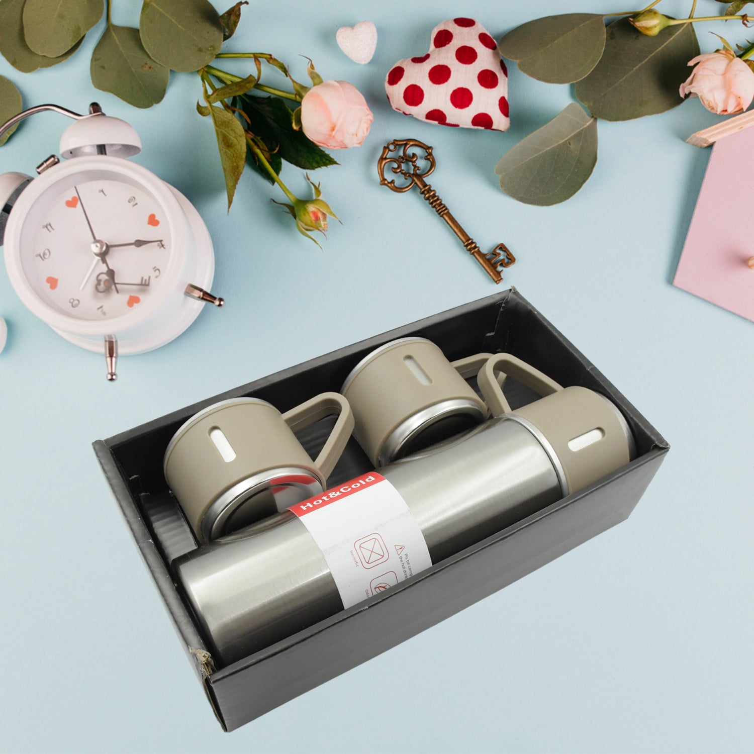 Stainless Steel Vacuum Flask Set with 3 Steel Cups Combo for Coffee Hot Drink and Cold Water Flask Ideal Gifting Travel Friendly Latest Flask Bottle. (500ml) your brand