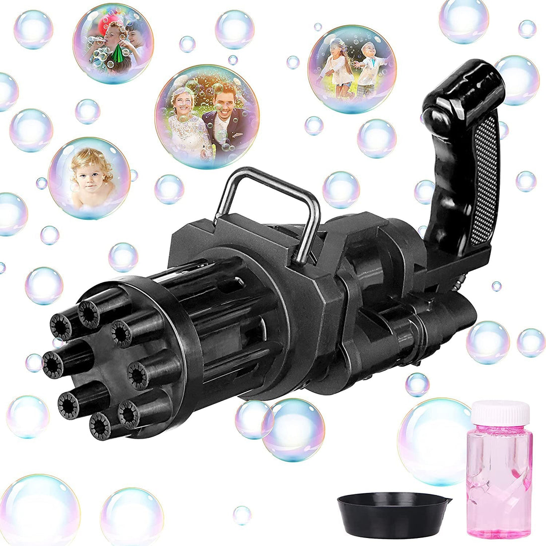 Battery-operated bubble gun with eight holes for bubbles