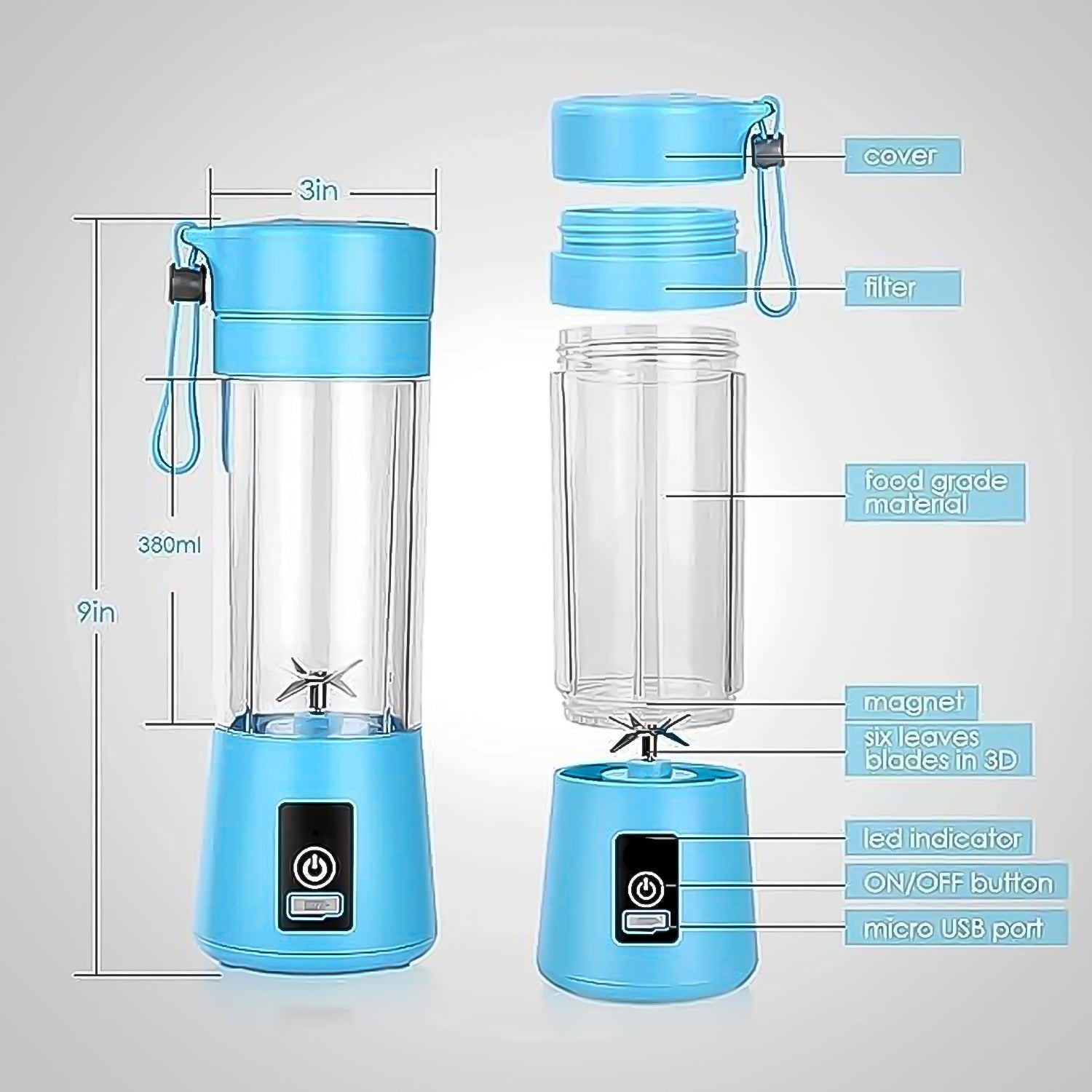 Portable Electric USB Juice Maker Juicer Bottle Blender, Grinder Mixer, 4 Blades Rechargeable Bottle (380 ML / Mix Color) - Shopmania Wholesale