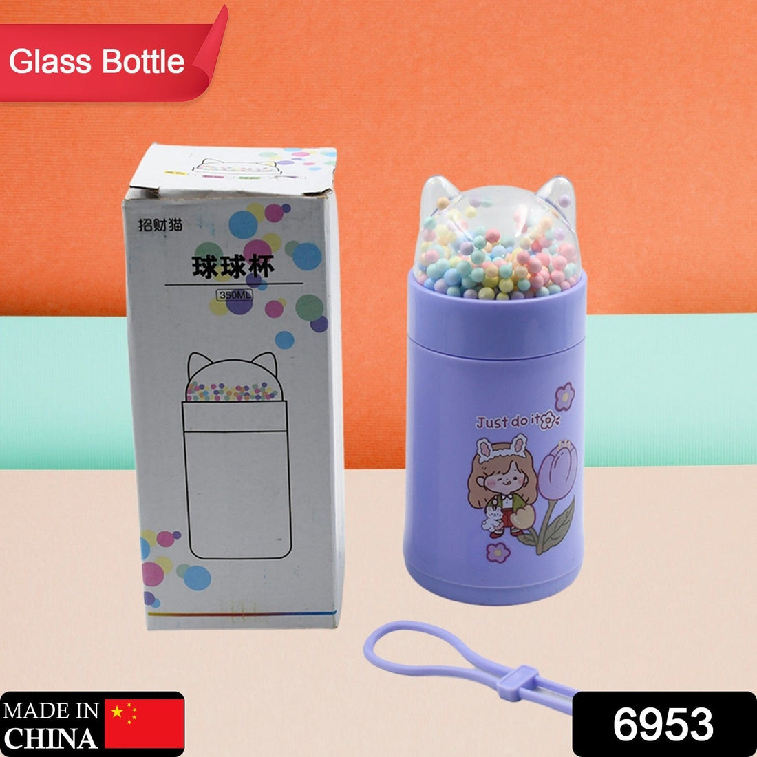 Cute glass water bottle with cat lid and glitter strap.