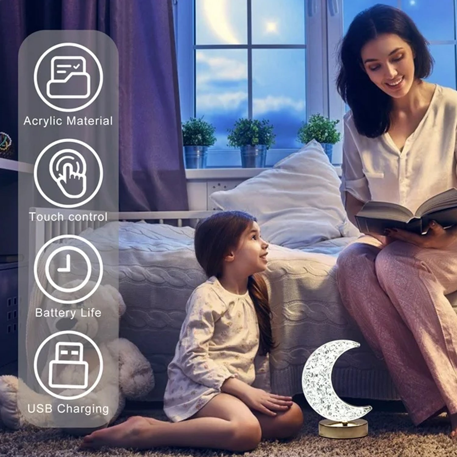 Crystal Table Lamp | Moon Shape Touch Control Lamp with 3 Color | Metal Bedside Lamp for Kids Bedroom Romantic Desktop Nightstand | Stepless Dimming USB Charging Touch Night Light - Shopmania Wholesale
