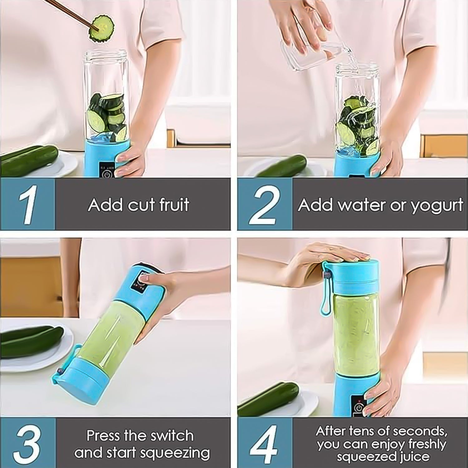 Portable Electric USB Juice Maker Juicer Bottle Blender, Grinder Mixer, 4 Blades Rechargeable Bottle (380 ML / Mix Color) - Shopmania Wholesale