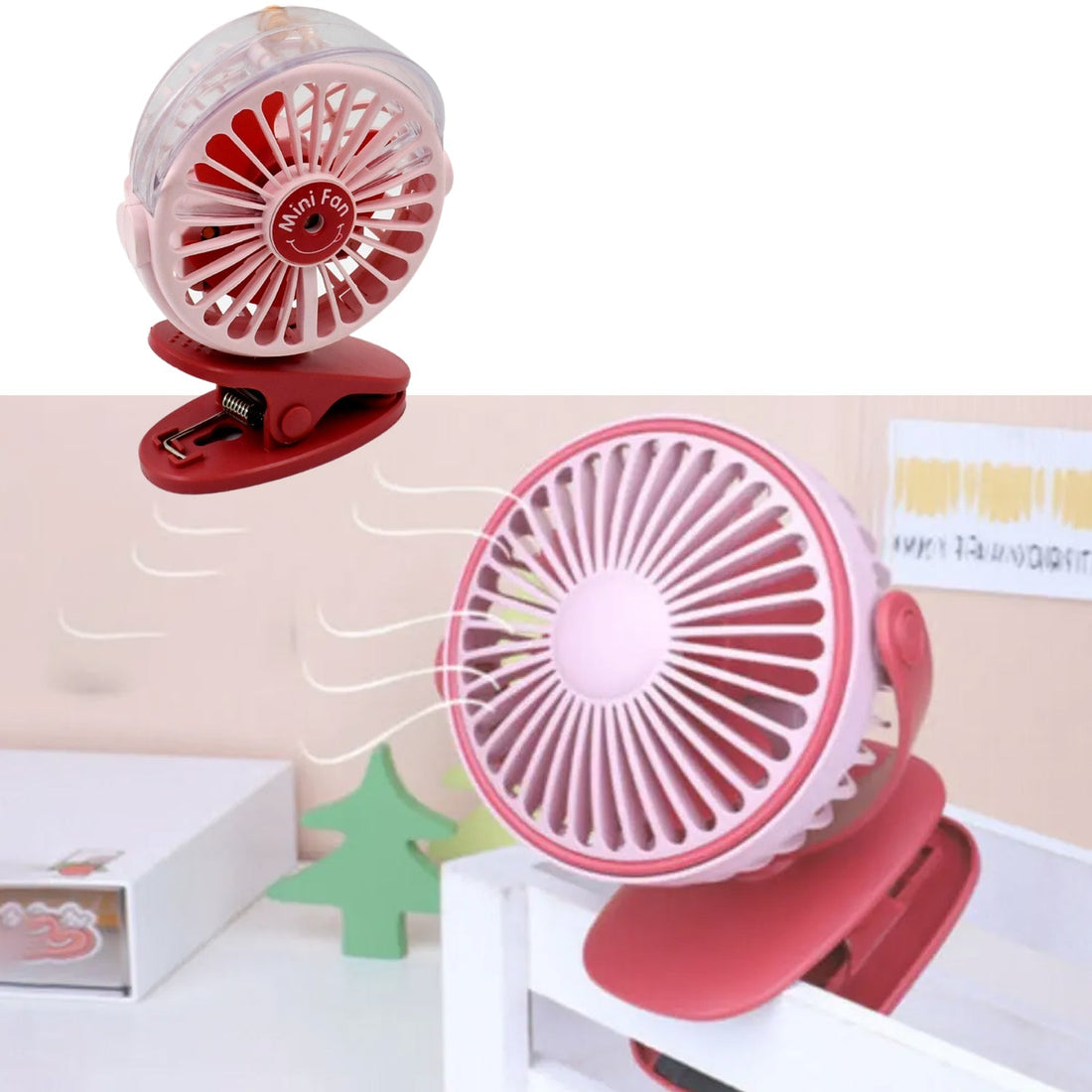 Portable Clip-on Fan, Battery Operated, With Light & Spray, Small Yet Powerful USB Table Fan, 3-Speed Quiet Rechargeable Mini Desk Fan, 360° Rotation, Personal Cooling Fan for Home, Office, Camping your brand