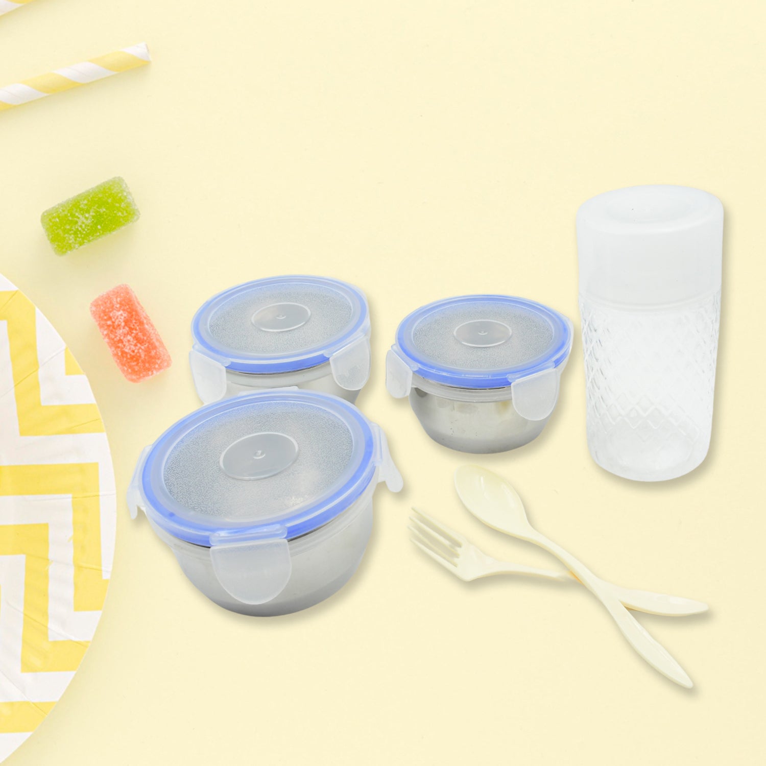 6In1 Tiffin Box-Lunch Box | 3 Stainless Steel Containers | Plastic lid Box | Spoon & Fork /Plastic Bottle | Insulated Fabric Bag | Leak Proof | Microwave Safe  for Office, College and School for Men, Women (6 pcs) your brand
