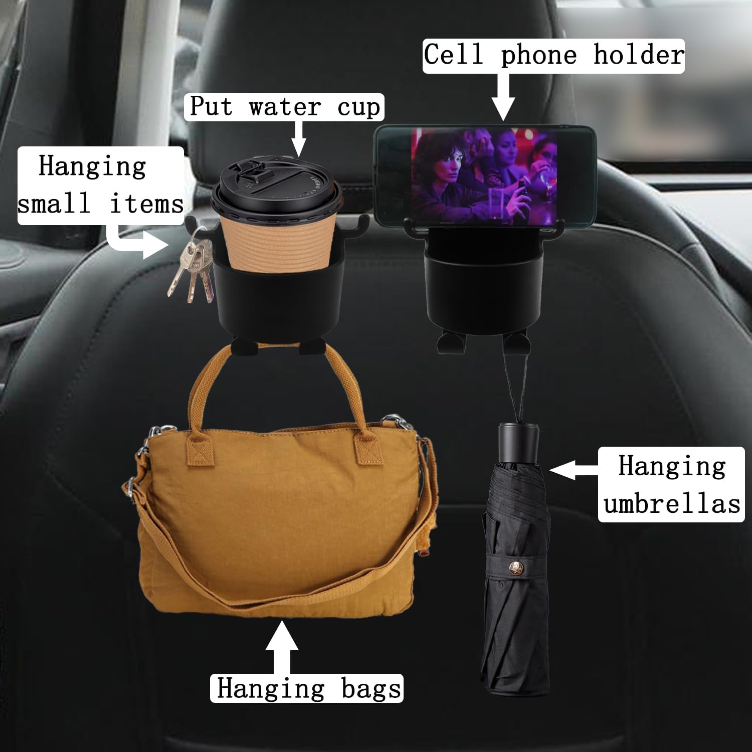 Car Headrest Backseat Organizer, 3 in 1 Automotive Cell Phone Drink cupholder Adapter with Headrest Hooks for Kids and Adults, Multifunctional Storage for Car Travel Accessories - Shopmania Wholesale
