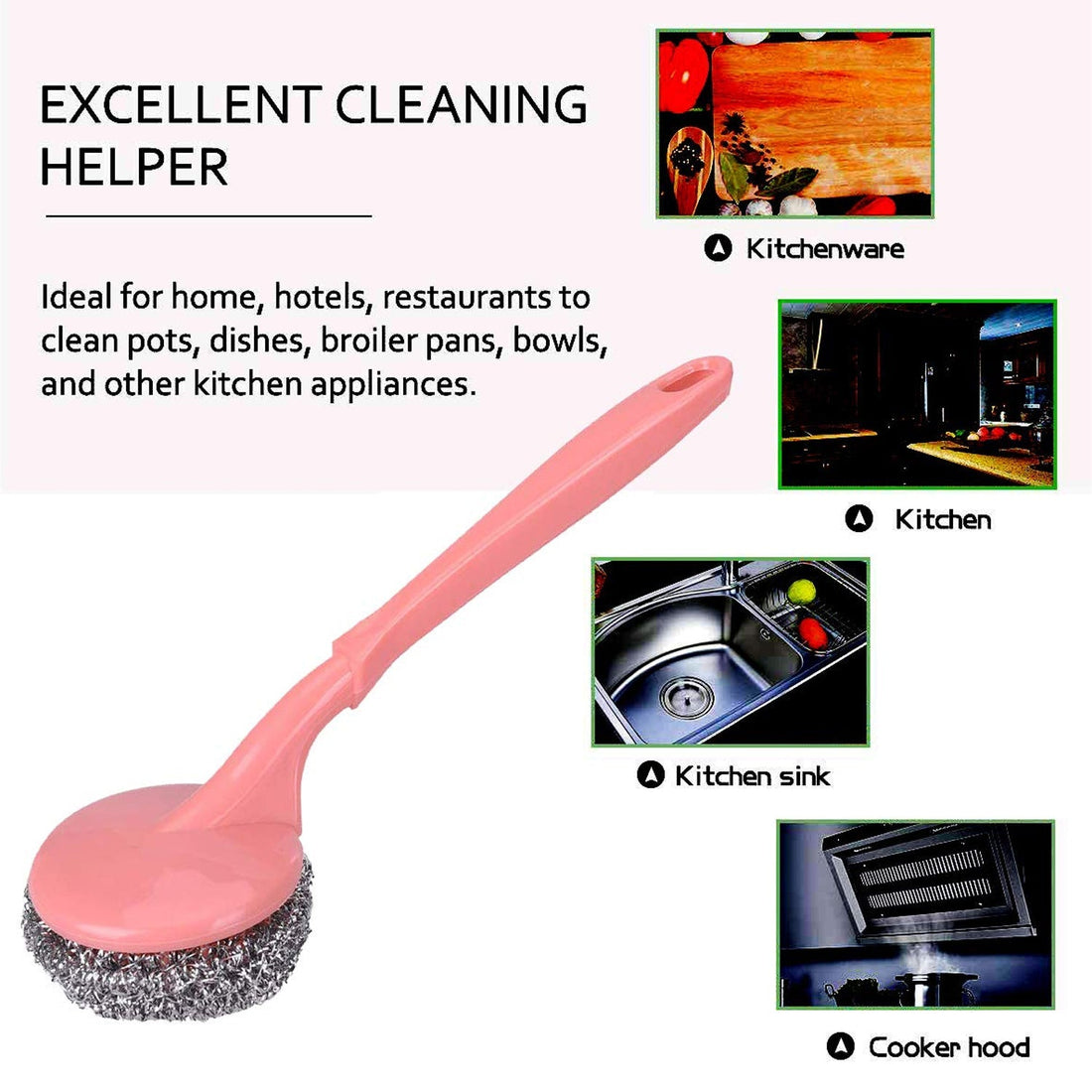 Scrubber with handle for kitchen cleaning, suitable for hard stains.