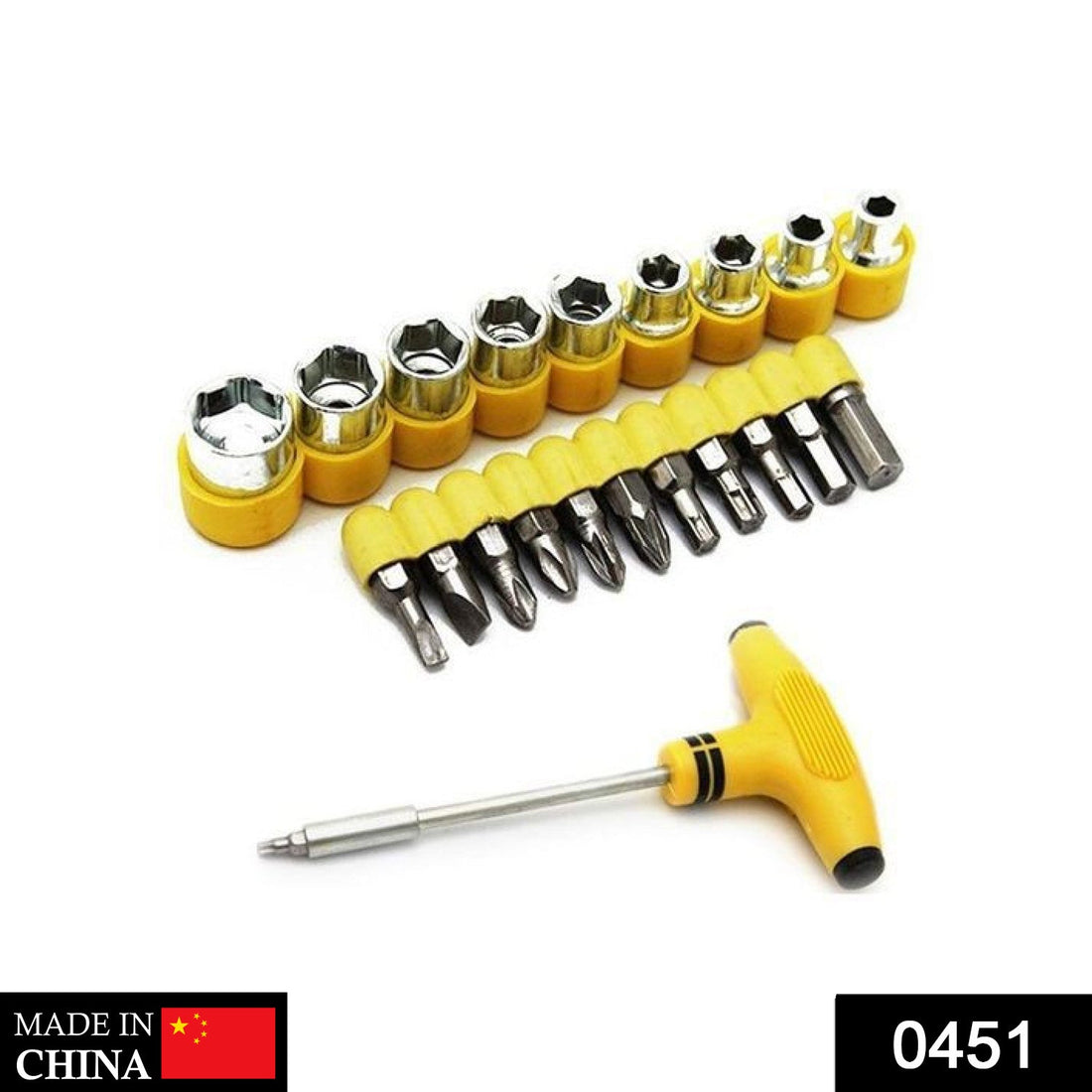 24 pcs T-shape screwdriver set with ratchet and sockets.
