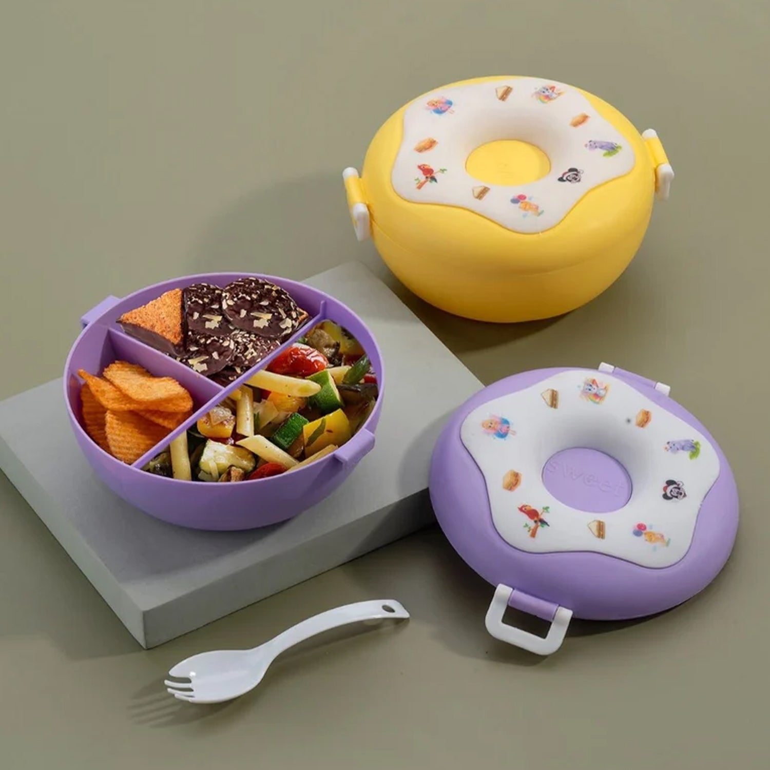 Donut Shaped Double Insulated 3 Compartment Lunch Box (1 Pc / Mix Color) your brand