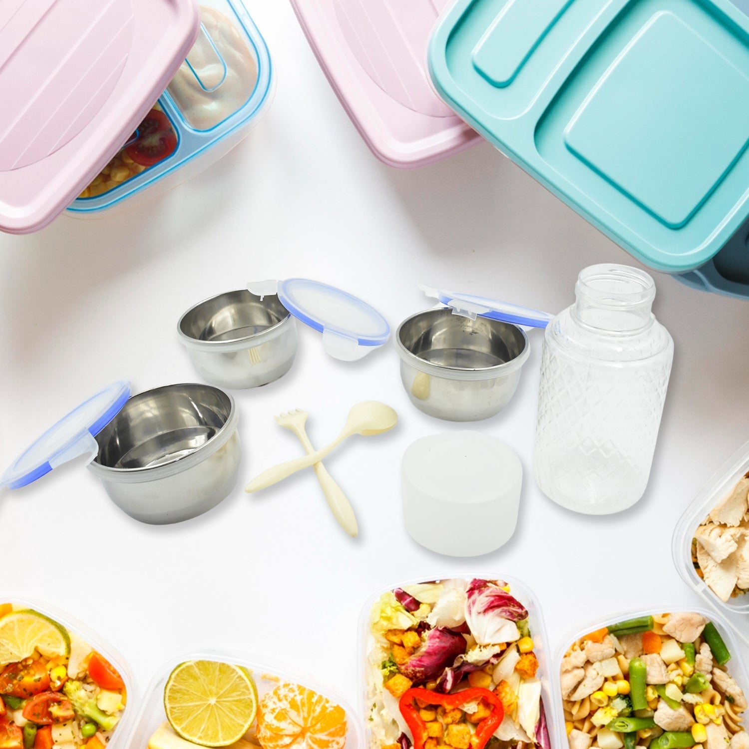 6In1 Tiffin Box-Lunch Box | 3 Stainless Steel Containers | Plastic lid Box | Spoon & Fork /Plastic Bottle | Insulated Fabric Bag | Leak Proof | Microwave Safe  for Office, College and School for Men, Women (6 pcs) your brand