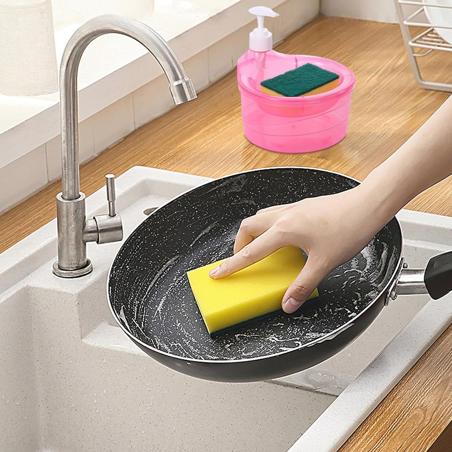 Double Layer Liquid soap Dispenser with Pump and Sponge, Practical for Hotel Sink Clear, Soap Dispensing Liquid Pump Bottle for Home,  Kitchen Rectangle ( 2 in 1 ) your brand