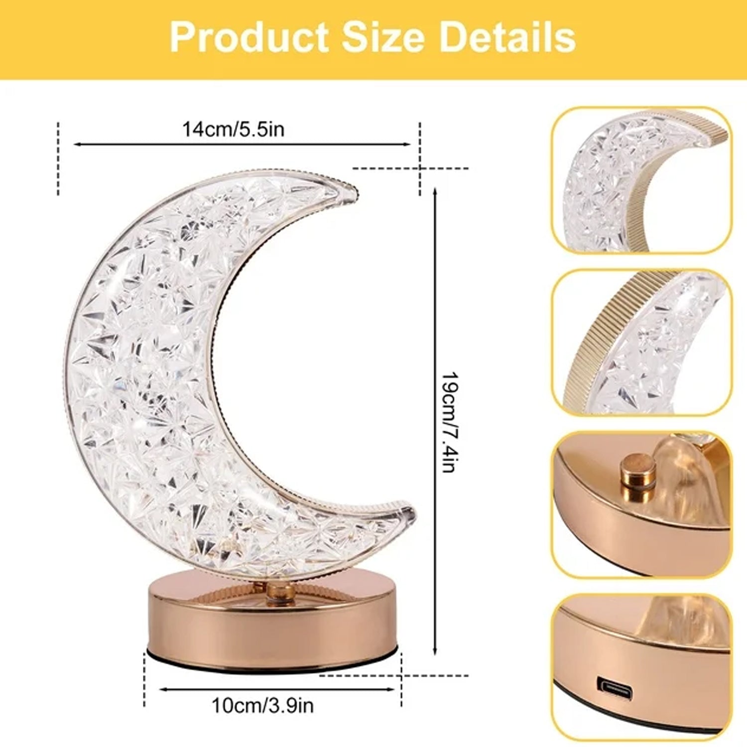 Crystal Table Lamp | Moon Shape Touch Control Lamp with 3 Color | Metal Bedside Lamp for Kids Bedroom Romantic Desktop Nightstand | Stepless Dimming USB Charging Touch Night Light - Shopmania Wholesale