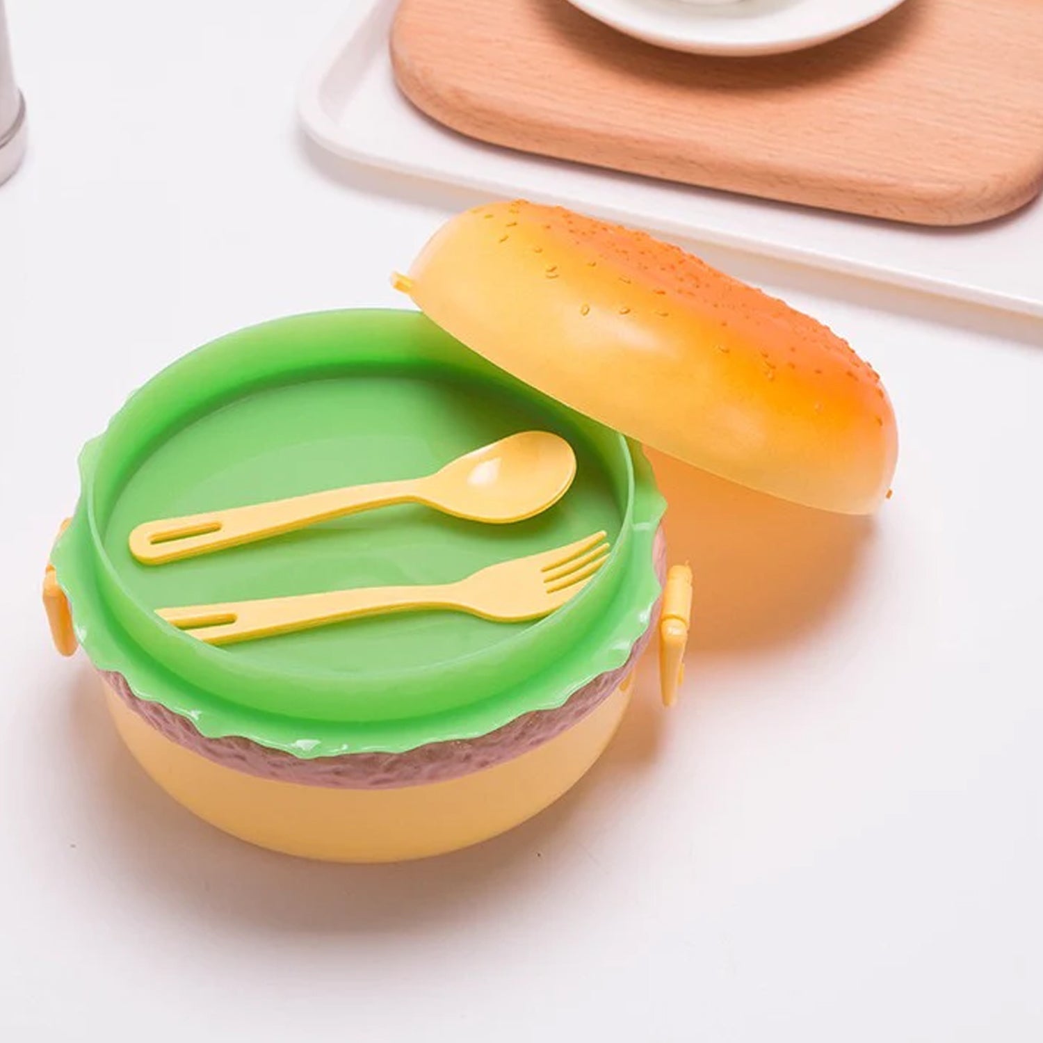 Burger Shape Lunch Box Plastic Lunch Box Food Container Sets Double Layer Lunchbox 1000ml With 2 Spoon Applicable to Kids and Elementary School Students your brand