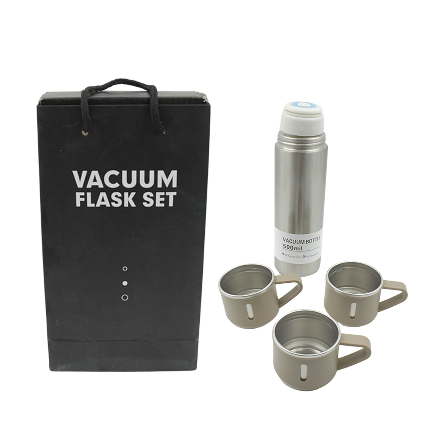 Stainless Steel Vacuum Flask Set with 3 Steel Cups Combo for Coffee Hot Drink and Cold Water Flask Ideal Gifting Travel Friendly Latest Flask Bottle. (500ml) your brand