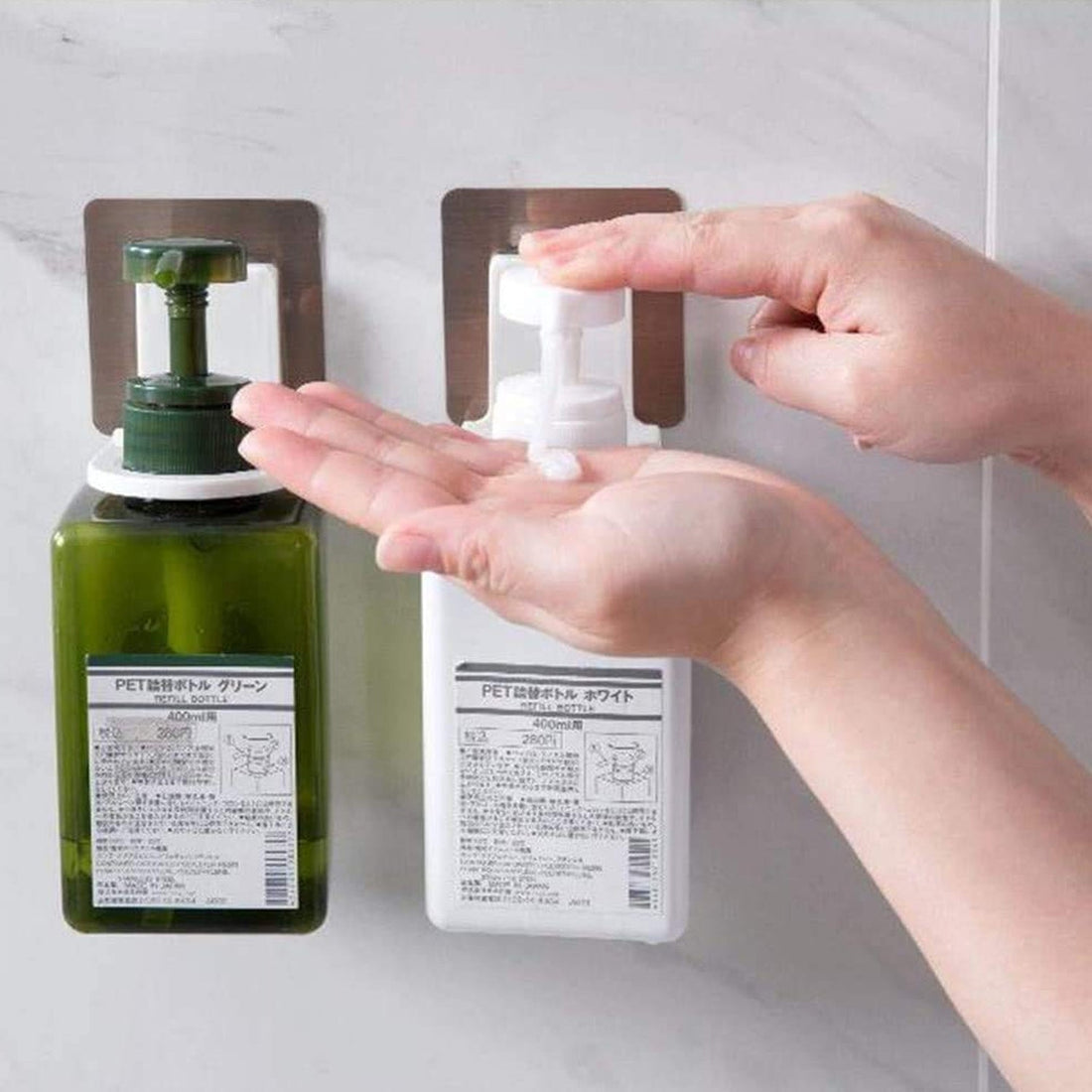 Self-sticky hook for wall with shampoo and body wash bottles