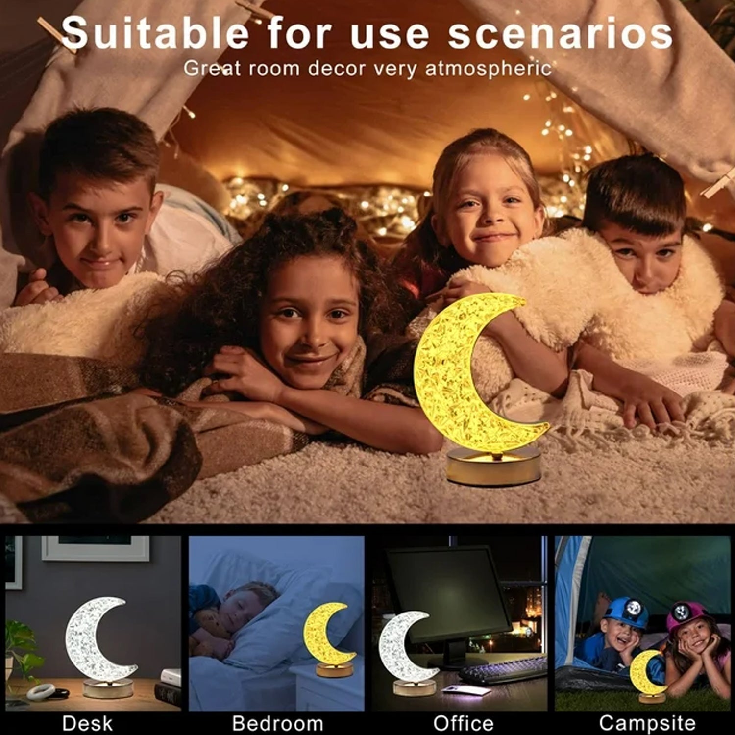 Crystal Table Lamp | Moon Shape Touch Control Lamp with 3 Color | Metal Bedside Lamp for Kids Bedroom Romantic Desktop Nightstand | Stepless Dimming USB Charging Touch Night Light - Shopmania Wholesale
