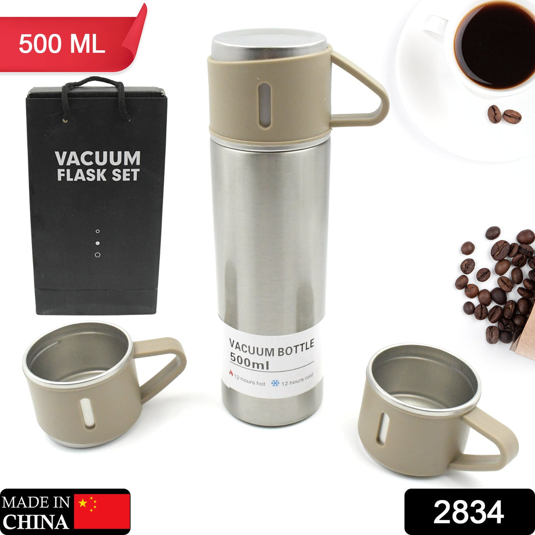 Stainless Steel Vacuum Flask Set with 3 Steel Cups Combo for Coffee Hot Drink and Cold Water Flask Ideal Gifting Travel Friendly Latest Flask Bottle. (500ml) your brand