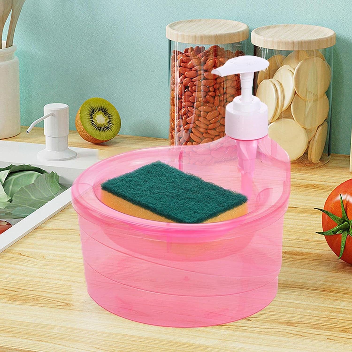 Double Layer Liquid soap Dispenser with Pump and Sponge, Practical for Hotel Sink Clear, Soap Dispensing Liquid Pump Bottle for Home,  Kitchen Rectangle ( 2 in 1 ) your brand