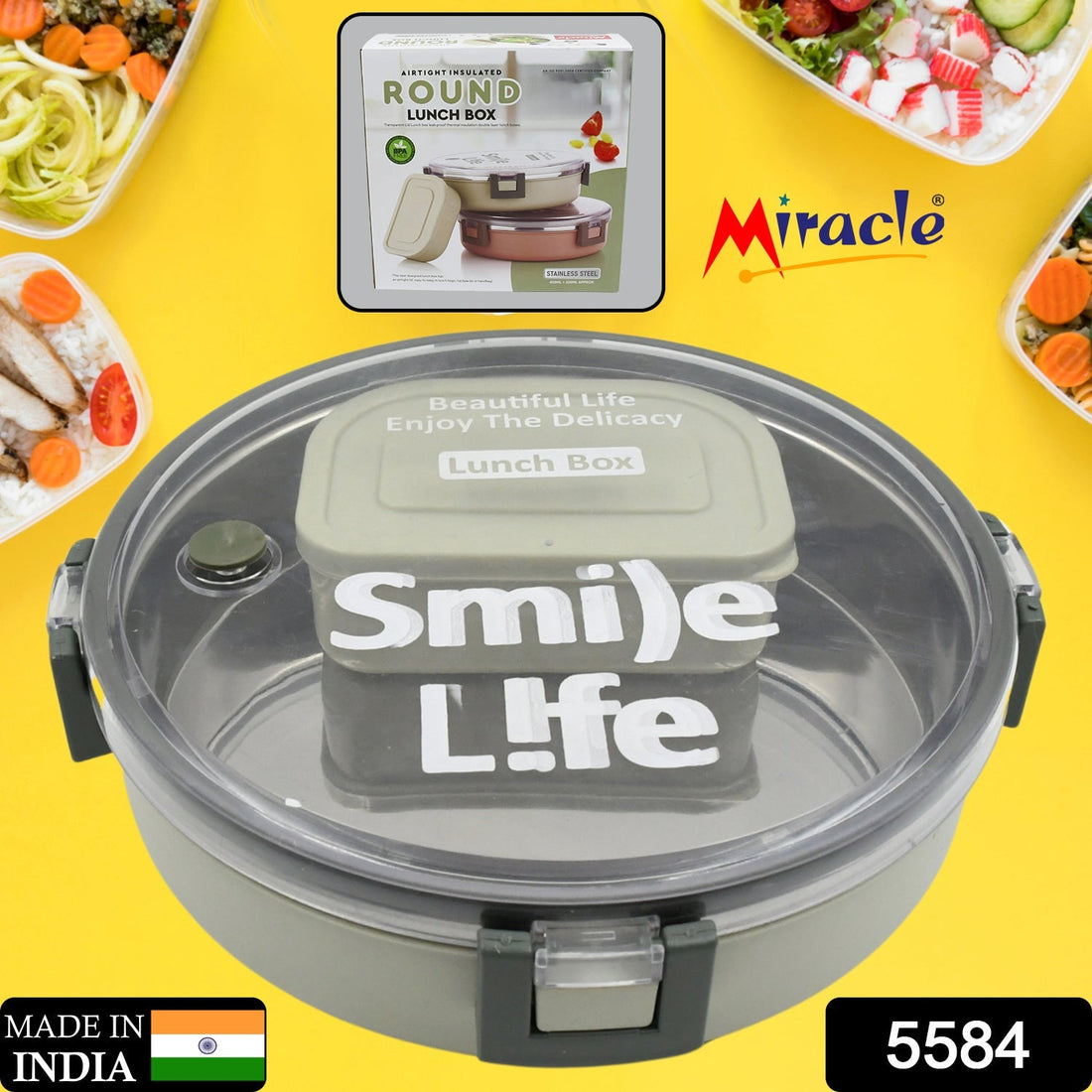 Miracle Stainless Steel Round Lunch Box, with Small Plastic Box Insert Leak Proof Lunch Box with Transparent lid, Lunch Box for Kids & Adults for School, Office (450 ML + 250 ML Approx) your brand