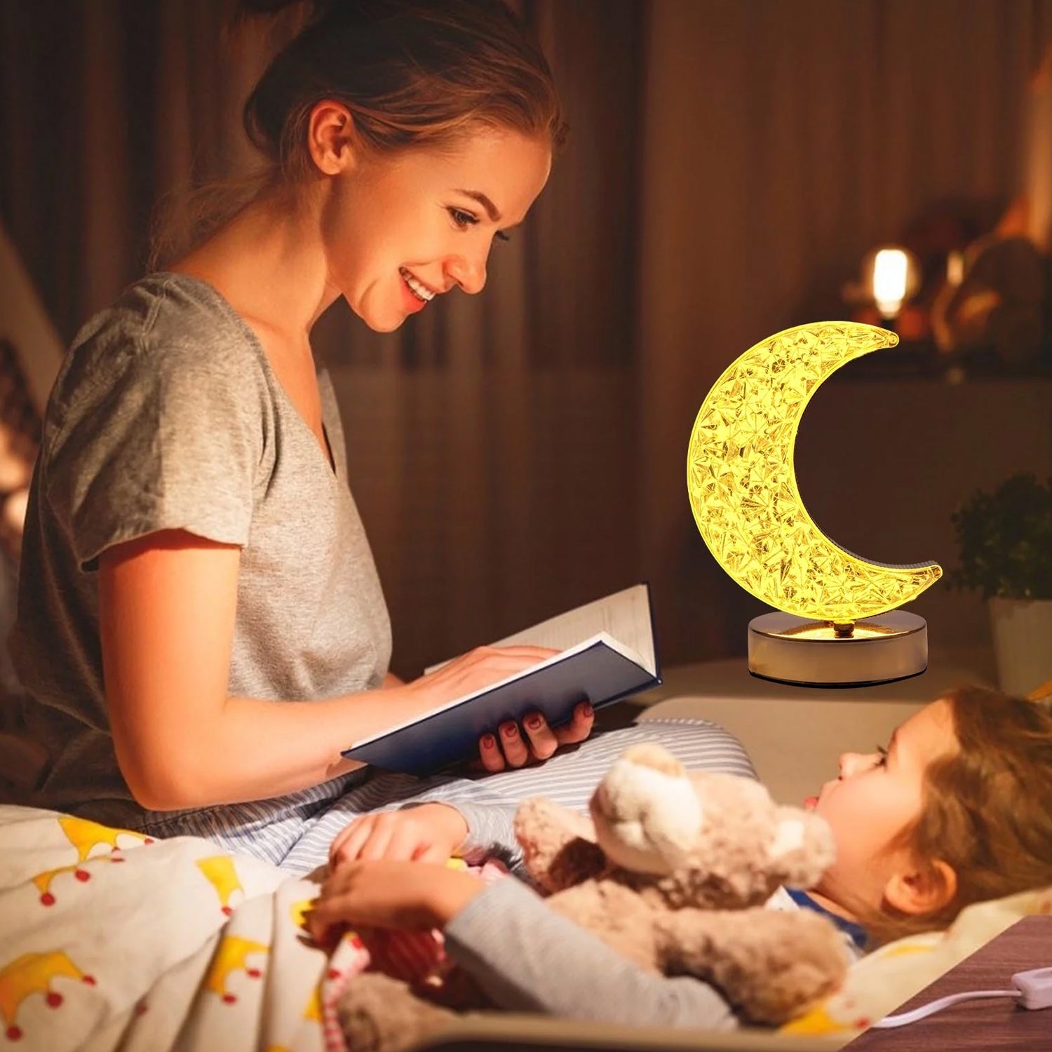 Crystal Table Lamp | Moon Shape Touch Control Lamp with 3 Color | Metal Bedside Lamp for Kids Bedroom Romantic Desktop Nightstand | Stepless Dimming USB Charging Touch Night Light - Shopmania Wholesale