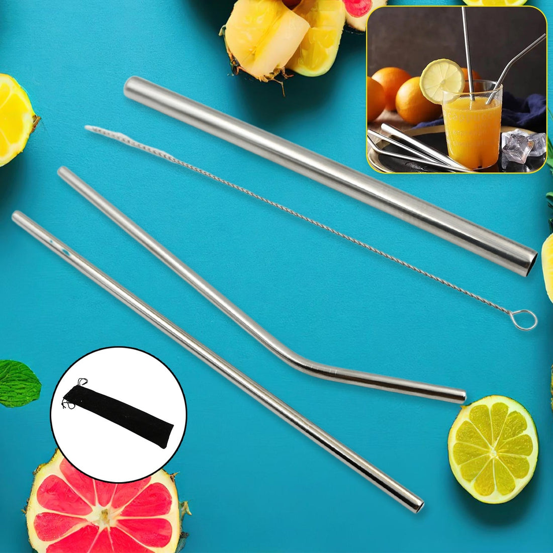 Reusable Stainless Steel Straws with Travel Case Cleaning Brush Eco Friendly Extra Long Metal Straws Drinking Set of 4 (2 Straight straws, 1 Bent straws, 1 Brush) your brand