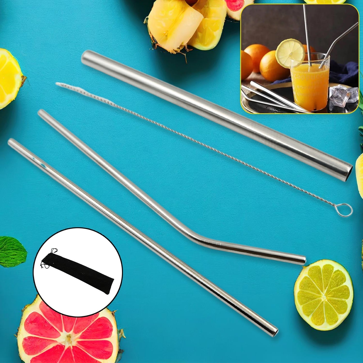 Reusable Stainless Steel Straws with Travel Case Cleaning Brush Eco Friendly Extra Long Metal Straws Drinking Set of 4 (2 Straight straws, 1 Bent straws, 1 Brush) your brand