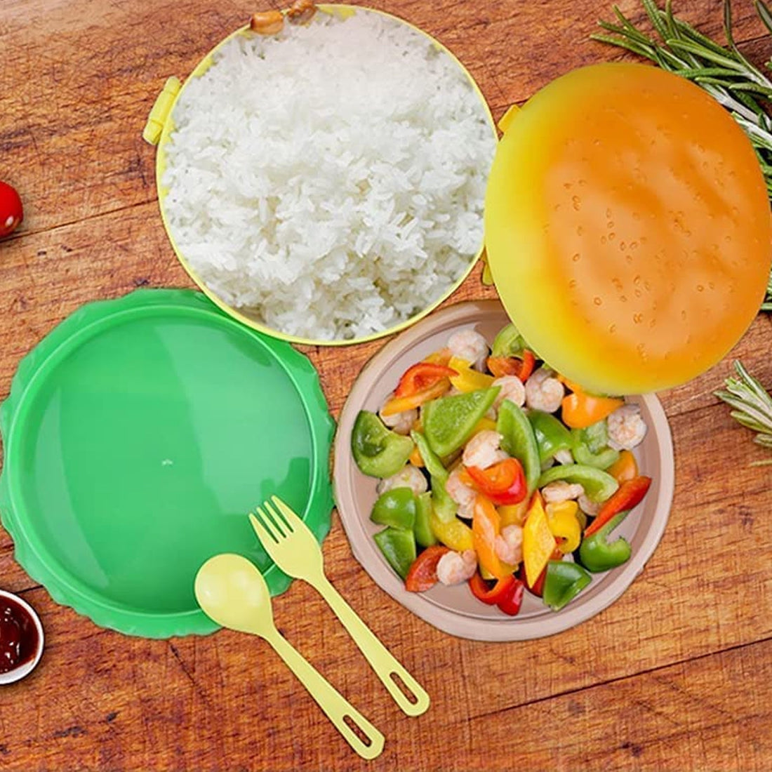Burger Shape Lunch Box Plastic Lunch Box Food Container Sets Double Layer Lunchbox 1000ml With 2 Spoon Applicable to Kids and Elementary School Students your brand