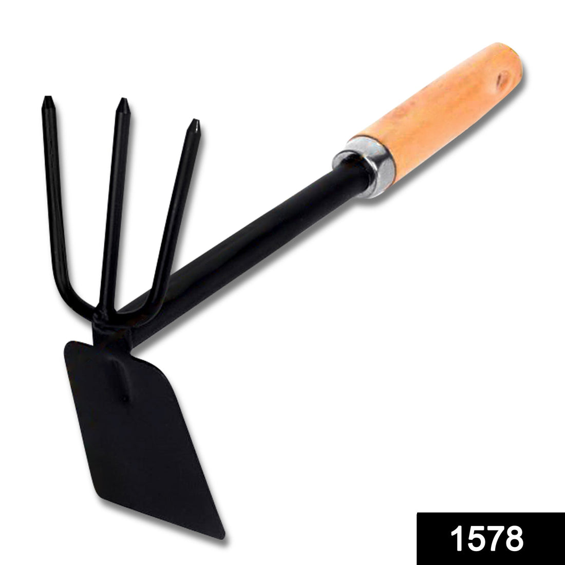 Gardening tool with double hoe ends and wooden handle.