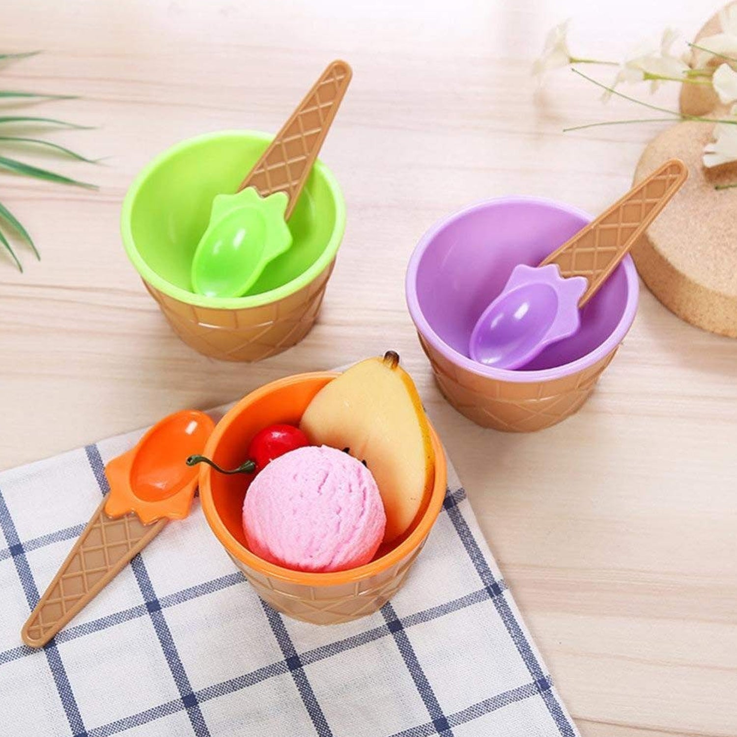 Ice-Cream Waffle Spoon Bowel Cup Set | Premium ice Cream Set | Ice-Cream Bowel with Spoon | 6 units Couple Bowl Set | Color Box your brand
