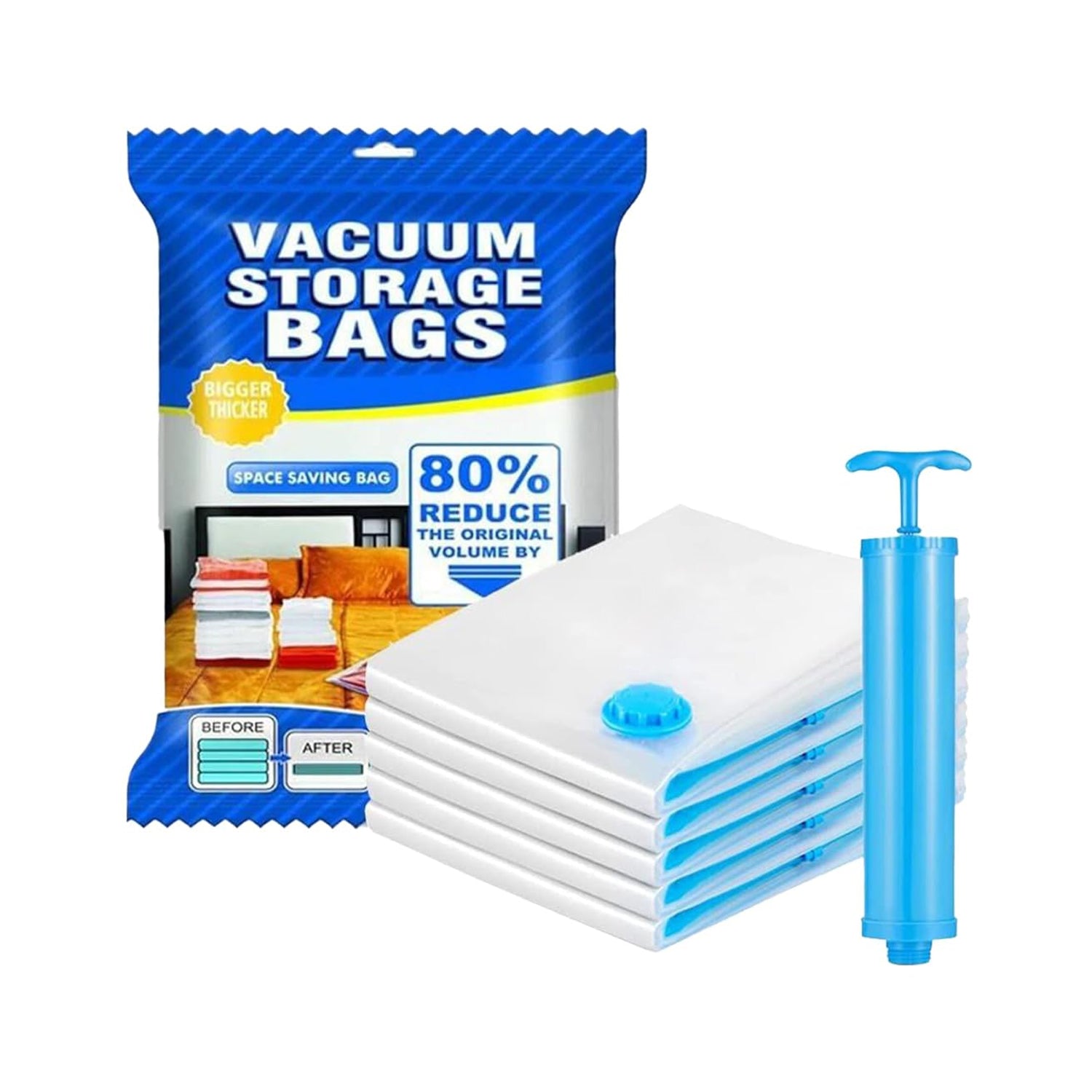 Vacuum Storage Bags with Suction Pump & Shirt clips - Vacuum Bags - Big Capacity Vacuum Seal Bags for Travel Clothes Blankets Pillows, Compression Bags | Space Saver Vacuum Storage Bags (5 Pcs Set) - Shopmania Wholesale