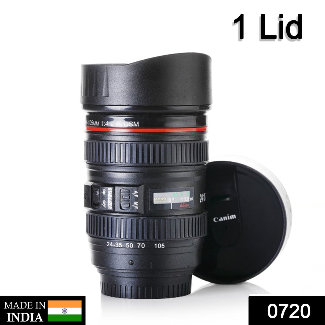 Camera lens shaped coffee mug with lid
