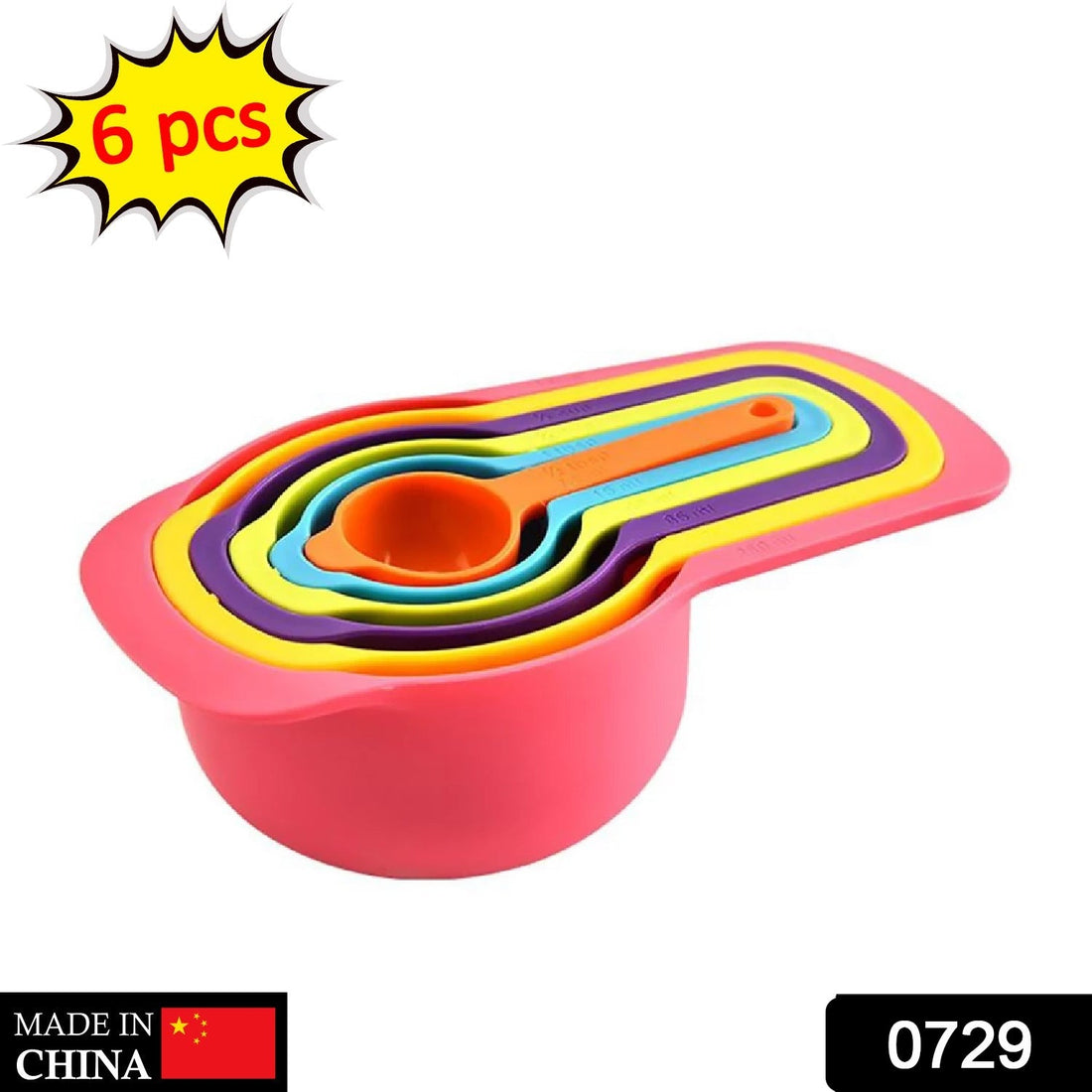 Set of 6 plastic measuring spoons for kitchen use.