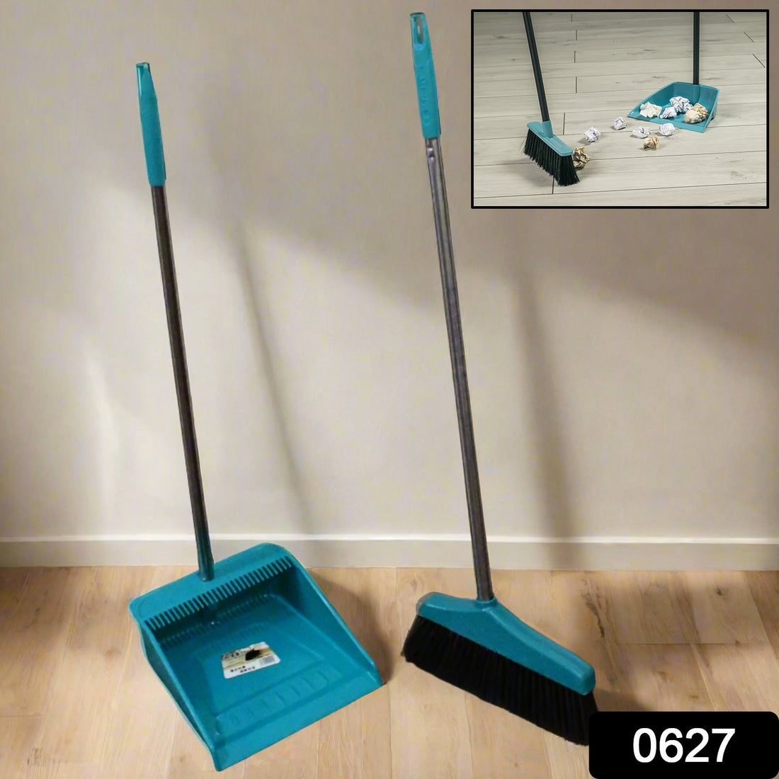 Long handle dustpan and brush set, ideal for sweeping and cleaning at home or office.