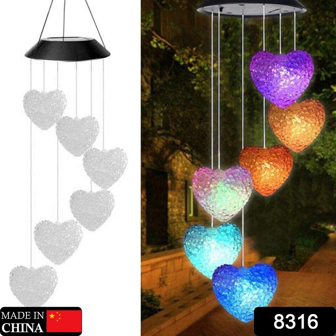 Solar-powered wind chimes with LED lights, perfect for garden decoration.