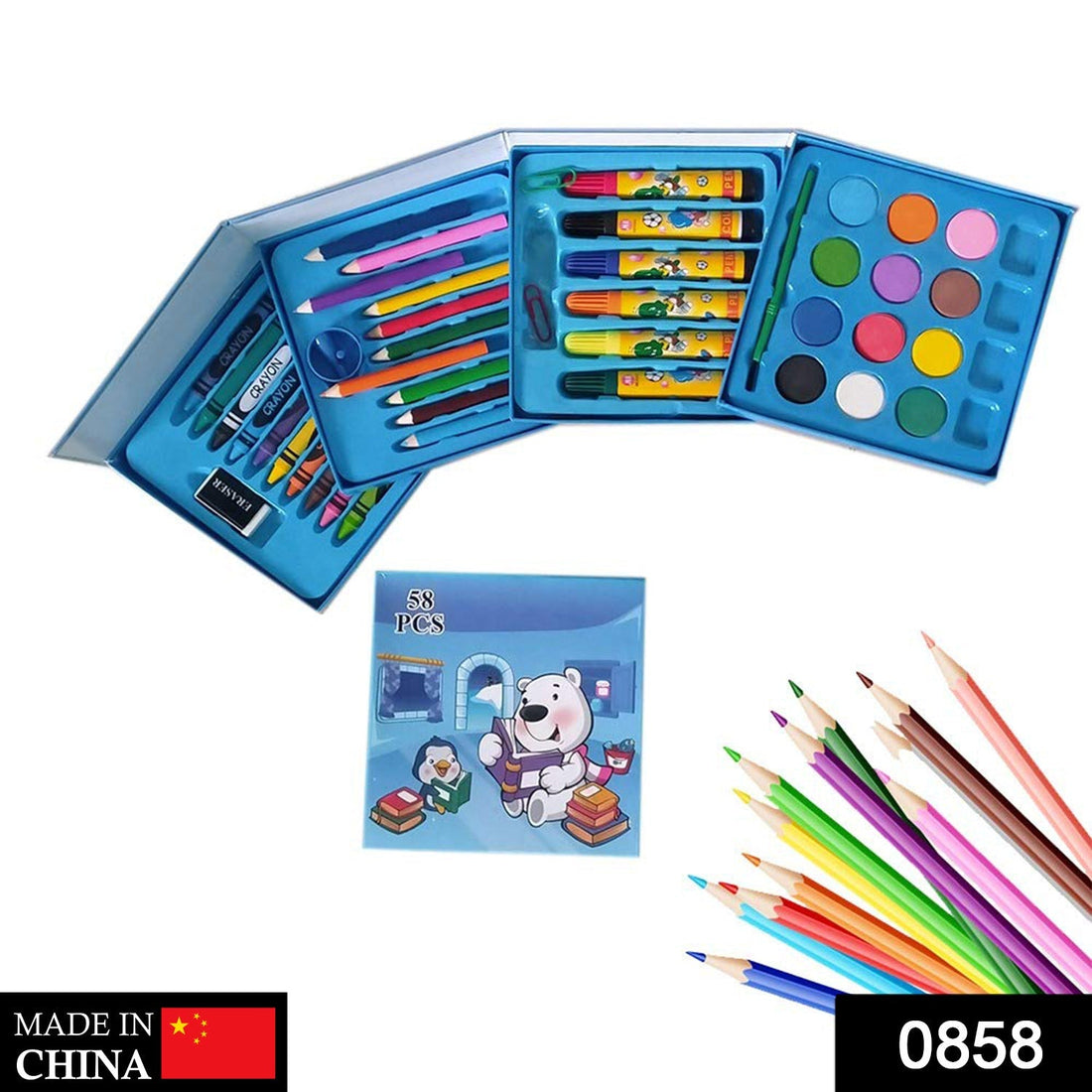 Plastic art color set with 58 pieces including pencils, crayons, oil pastels, and sketch pens.