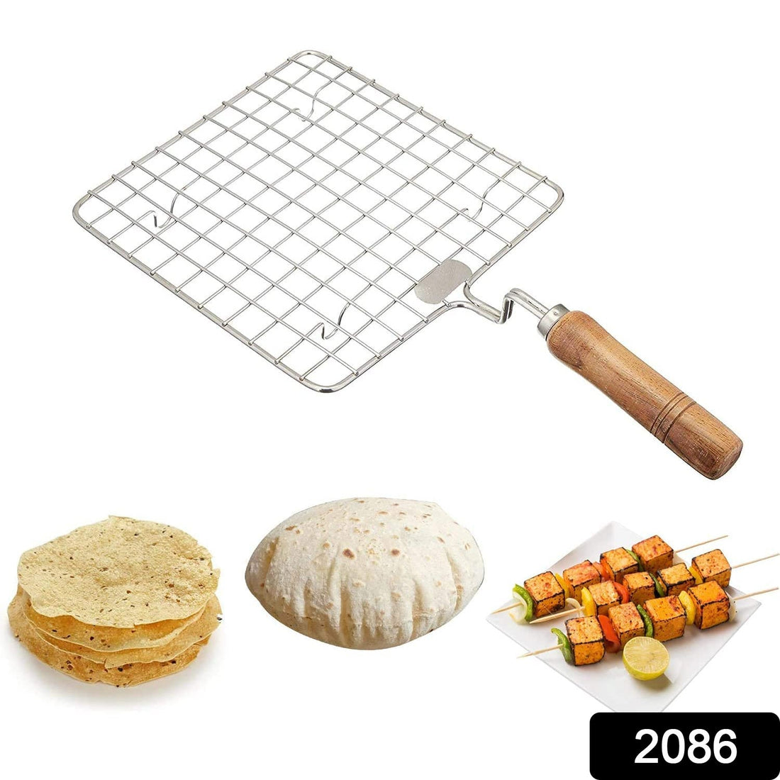 Square stainless steel roaster with wooden handle for grilling.