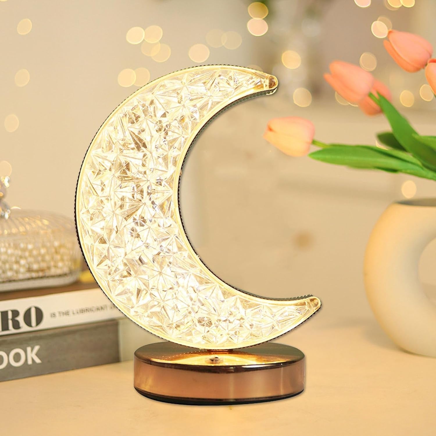 Crystal Table Lamp | Moon Shape Touch Control Lamp with 3 Color | Metal Bedside Lamp for Kids Bedroom Romantic Desktop Nightstand | Stepless Dimming USB Charging Touch Night Light - Shopmania Wholesale